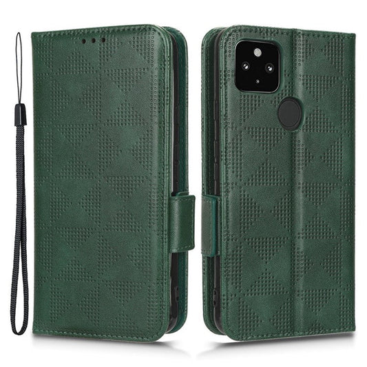 For Google Pixel 4a 5G Imprinted Triangle Pattern PU Leather + TPU Case Magnetic Clasp Phone Shell with Stand Wallet - Green