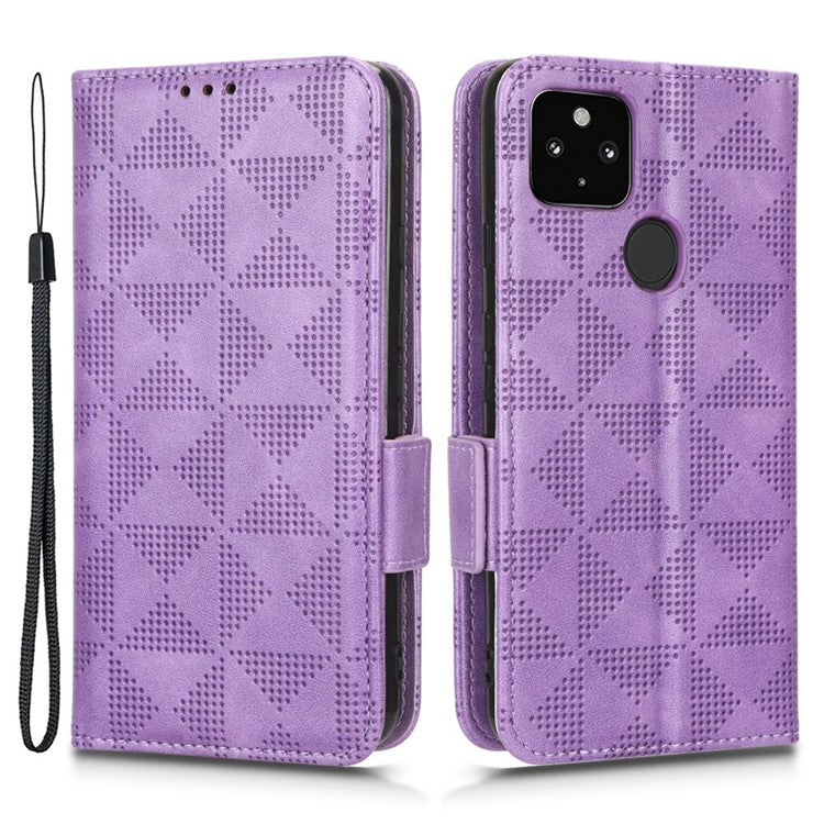 For Google Pixel 4a 5G Imprinted Triangle Pattern PU Leather + TPU Case Magnetic Clasp Phone Shell with Stand Wallet - Purple