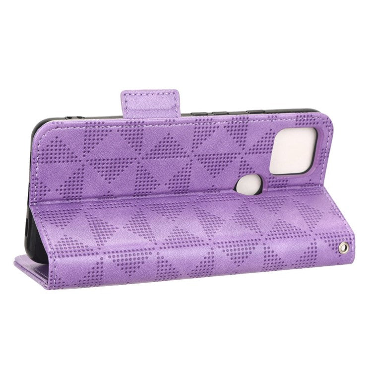 For Google Pixel 4a 5G Imprinted Triangle Pattern PU Leather + TPU Case Magnetic Clasp Phone Shell with Stand Wallet - Purple