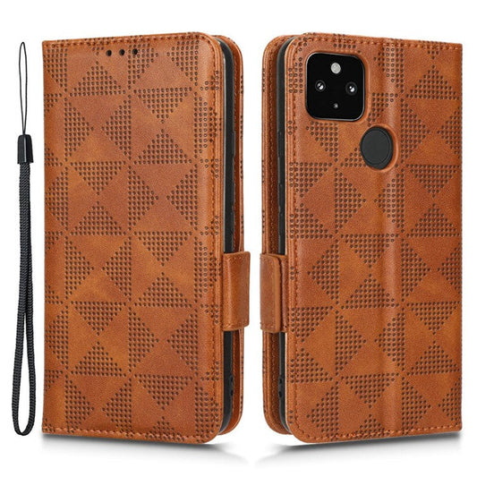 For Google Pixel 4a 5G Imprinted Triangle Pattern PU Leather + TPU Case Magnetic Clasp Phone Shell with Stand Wallet - Brown