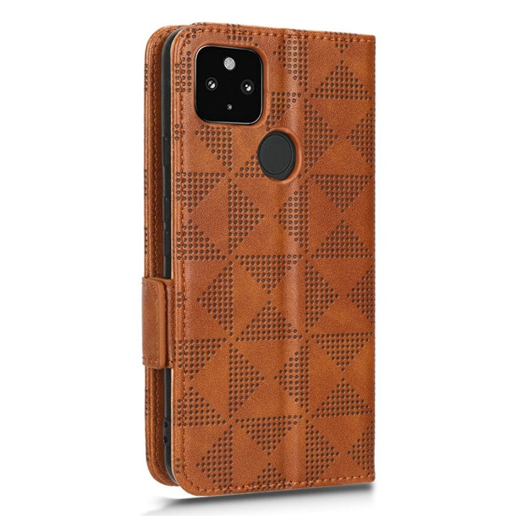 For Google Pixel 4a 5G Imprinted Triangle Pattern PU Leather + TPU Case Magnetic Clasp Phone Shell with Stand Wallet - Brown