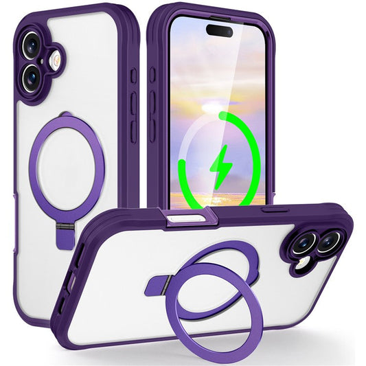 For iPhone 16 Plus Case Skin Touch Solid Color TPU+PC Phone Cover with Magnetic Kickstand - Purple