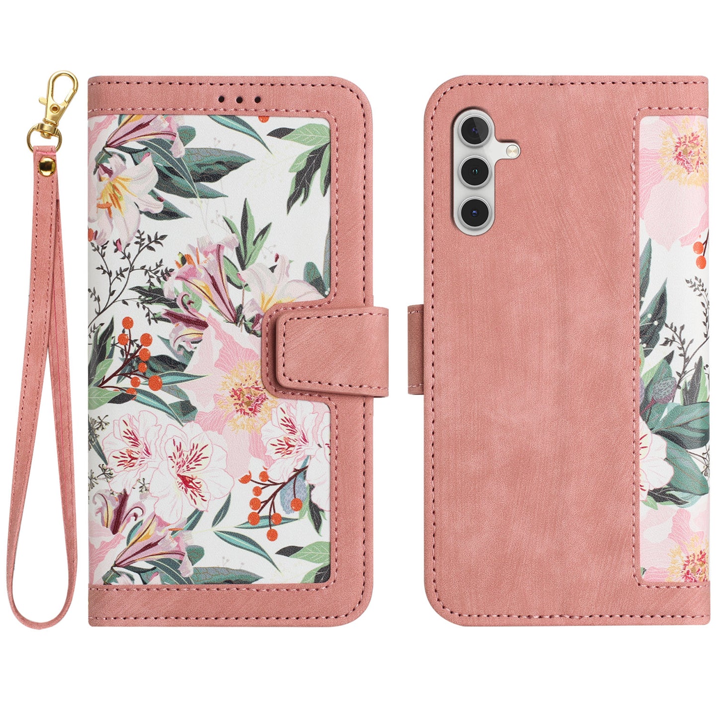For Samsung Galaxy A16 5G / A16 4G Case PU Leather Floral Phone Cover with Card Slots - Pink