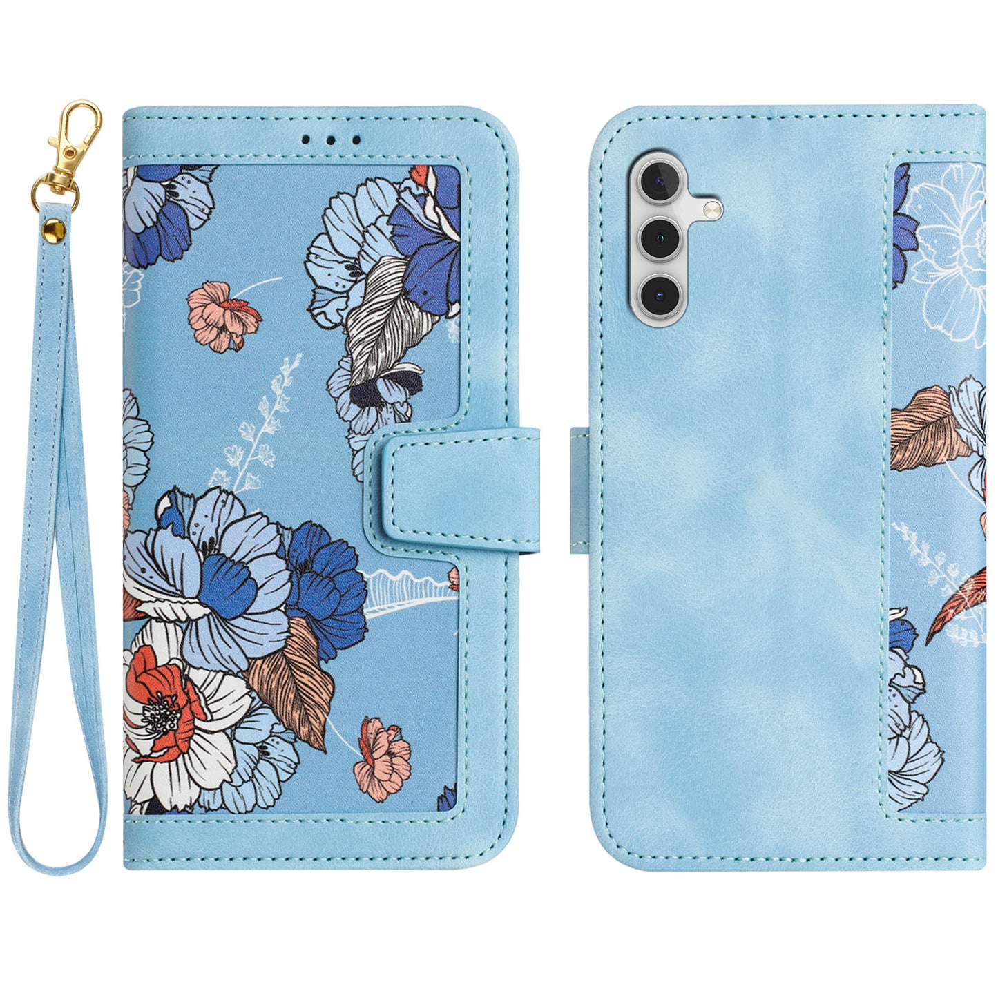 For Samsung Galaxy A16 5G / A16 4G Case PU Leather Floral Phone Cover with Card Slots - Baby Blue