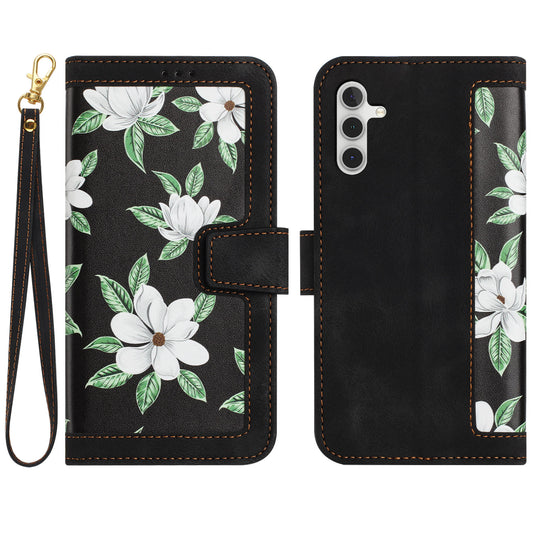 For Samsung Galaxy A16 5G / A16 4G Case PU Leather Floral Phone Cover with Card Slots - Black