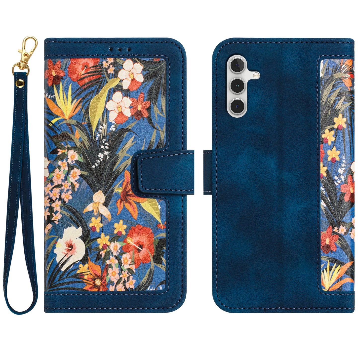 For Samsung Galaxy A16 5G / A16 4G Case PU Leather Floral Phone Cover with Card Slots - Dark Blue