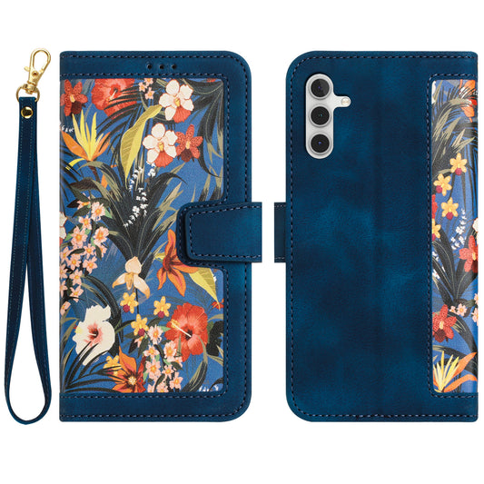 For Samsung Galaxy A16 5G / A16 4G Case PU Leather Floral Phone Cover with Card Slots - Dark Blue