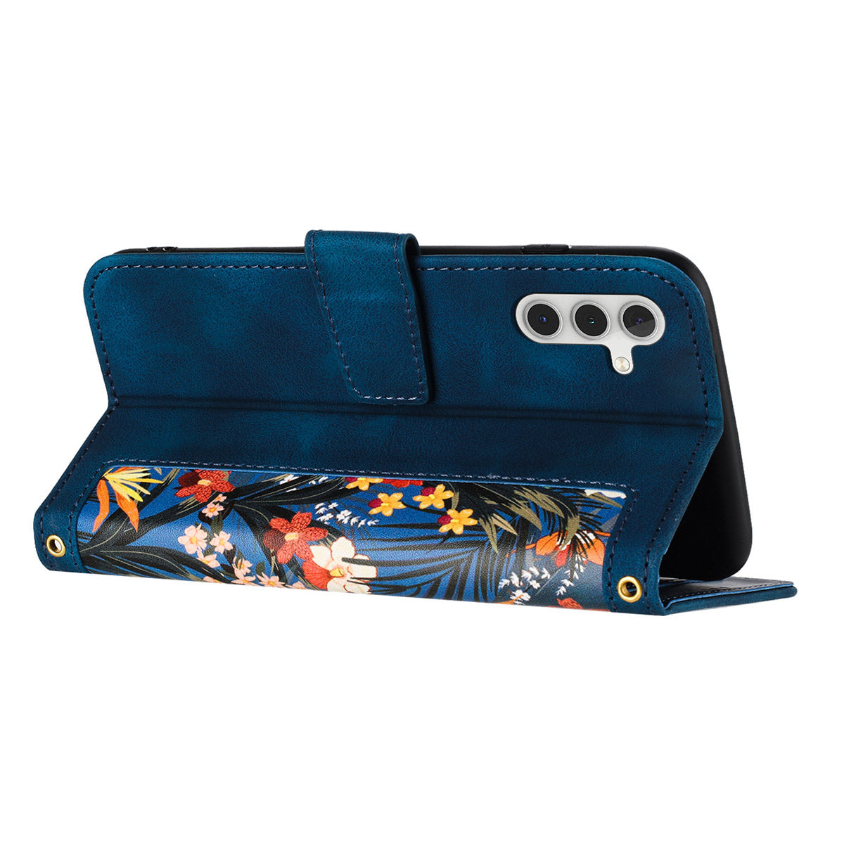 For Samsung Galaxy A16 5G / A16 4G Case PU Leather Floral Phone Cover with Card Slots - Dark Blue