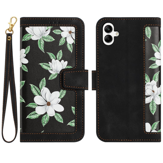For Samsung Galaxy A06 Case PU Leather Floral Phone Cover with Card Slots - Black