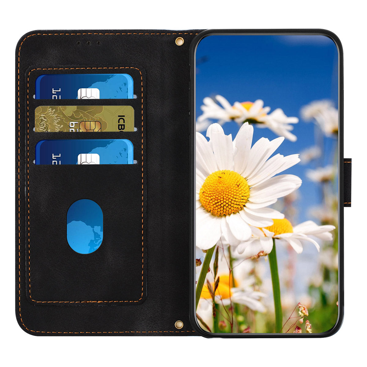 For Samsung Galaxy A06 Case PU Leather Floral Phone Cover with Card Slots - Black