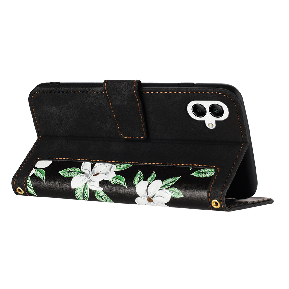 For Samsung Galaxy A06 Case PU Leather Floral Phone Cover with Card Slots - Black