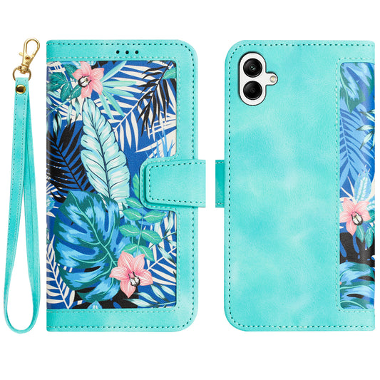 For Samsung Galaxy A06 Case PU Leather Floral Phone Cover with Card Slots - Green