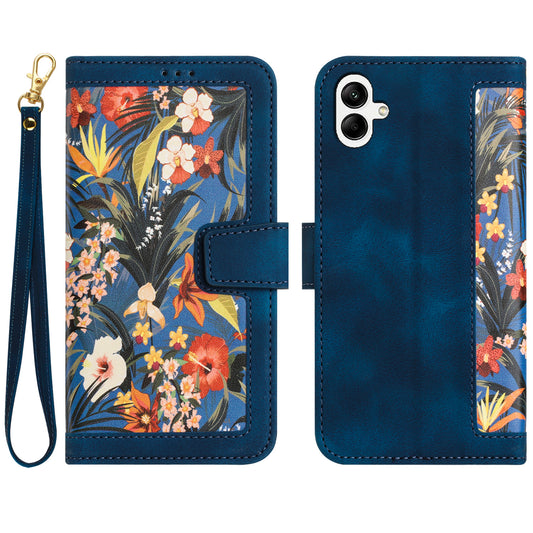 For Samsung Galaxy A06 Case PU Leather Floral Phone Cover with Card Slots - Dark Blue