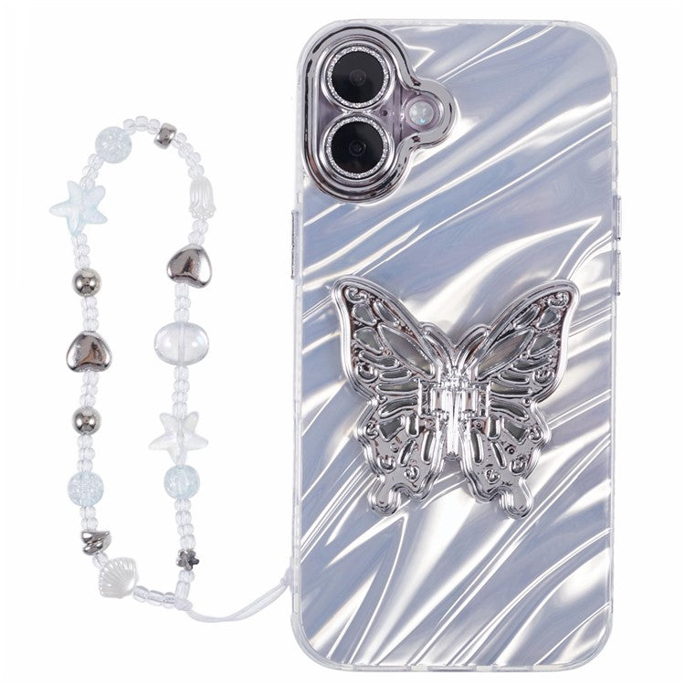 For iPhone 16 Plus Case Butterfly Kickstand PC+TPU IMD Phone Cover with Lens Film / Beaded Strap - Ripple Pattern / Silver