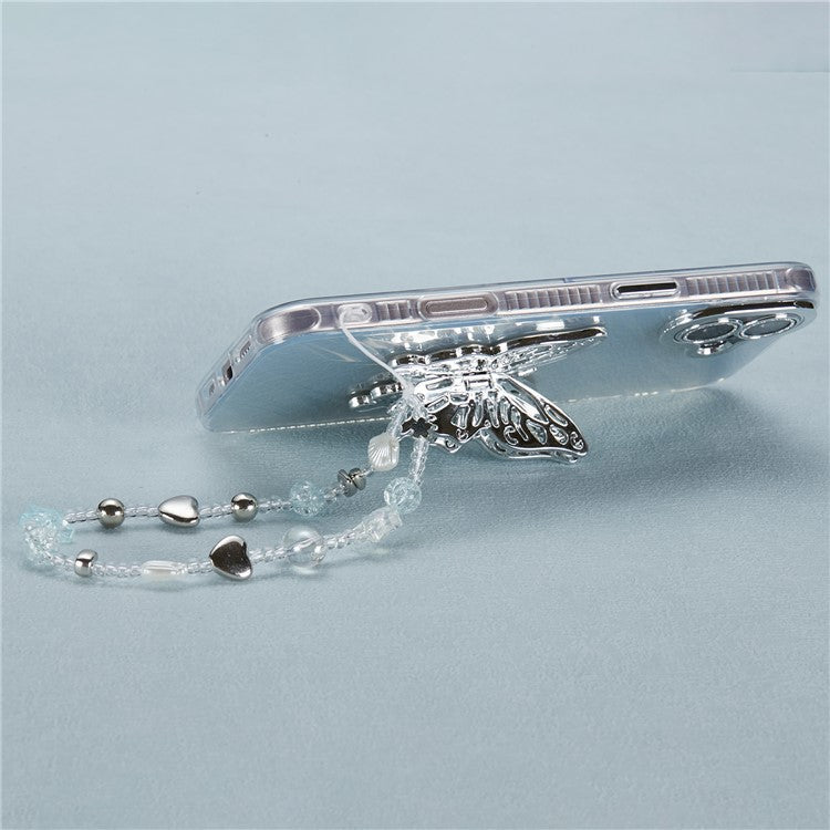 For iPhone 16 Plus Case Butterfly Kickstand PC+TPU IMD Phone Cover with Lens Film / Beaded Strap - Ripple Pattern / Silver