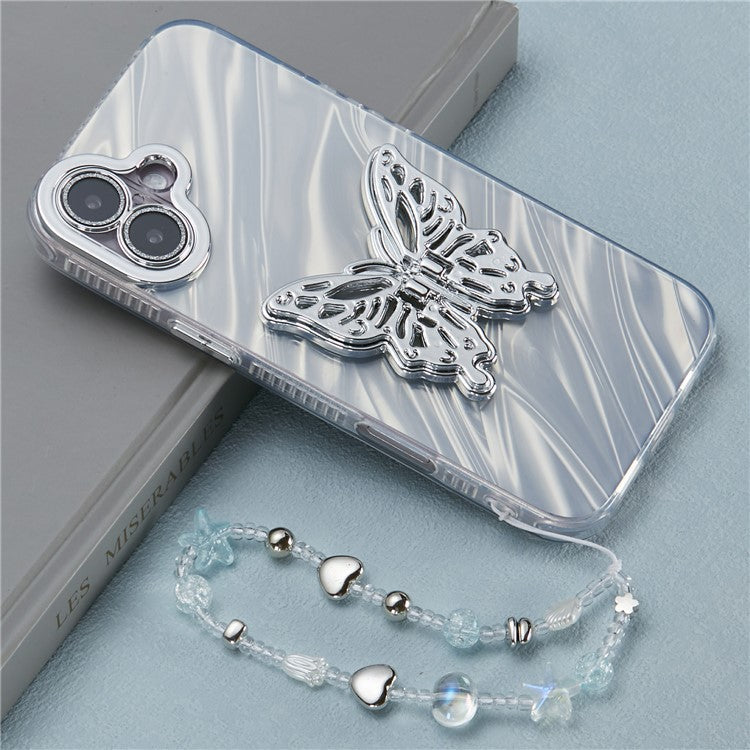 For iPhone 16 Plus Case Butterfly Kickstand PC+TPU IMD Phone Cover with Lens Film / Beaded Strap - Ripple Pattern / Silver