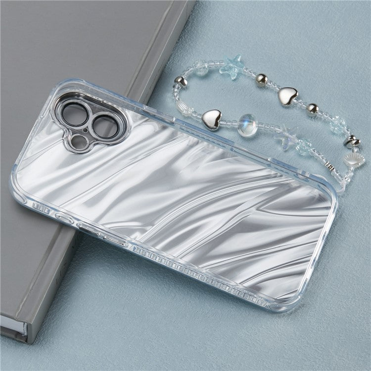 For iPhone 16 Plus Case Butterfly Kickstand PC+TPU IMD Phone Cover with Lens Film / Beaded Strap - Ripple Pattern / Silver
