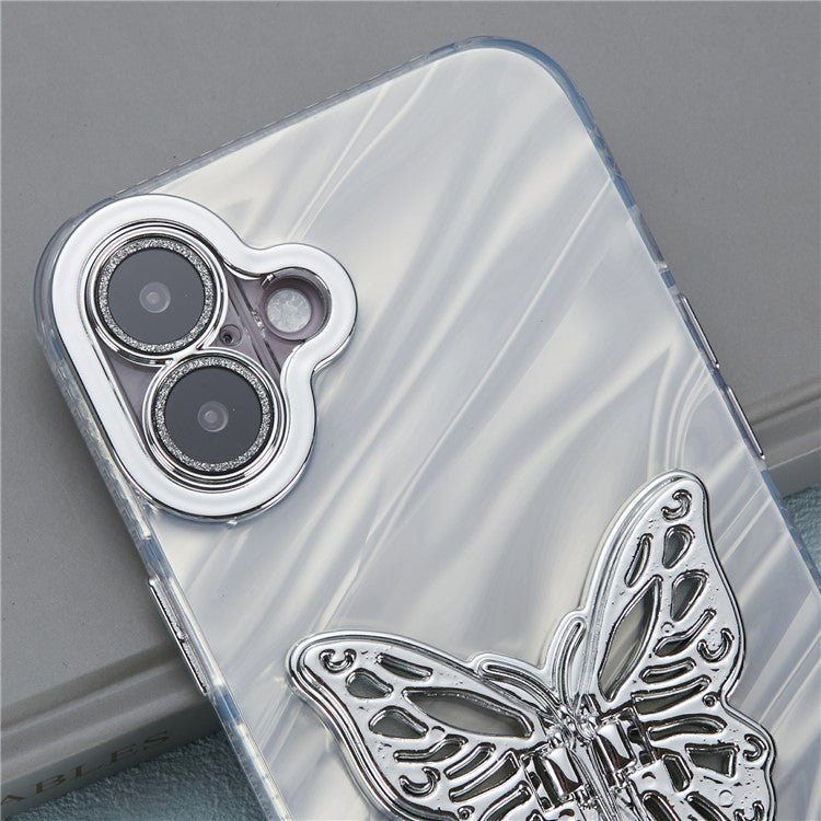 For iPhone 16 Plus Case Butterfly Kickstand PC+TPU IMD Phone Cover with Lens Film / Beaded Strap - Ripple Pattern / Silver