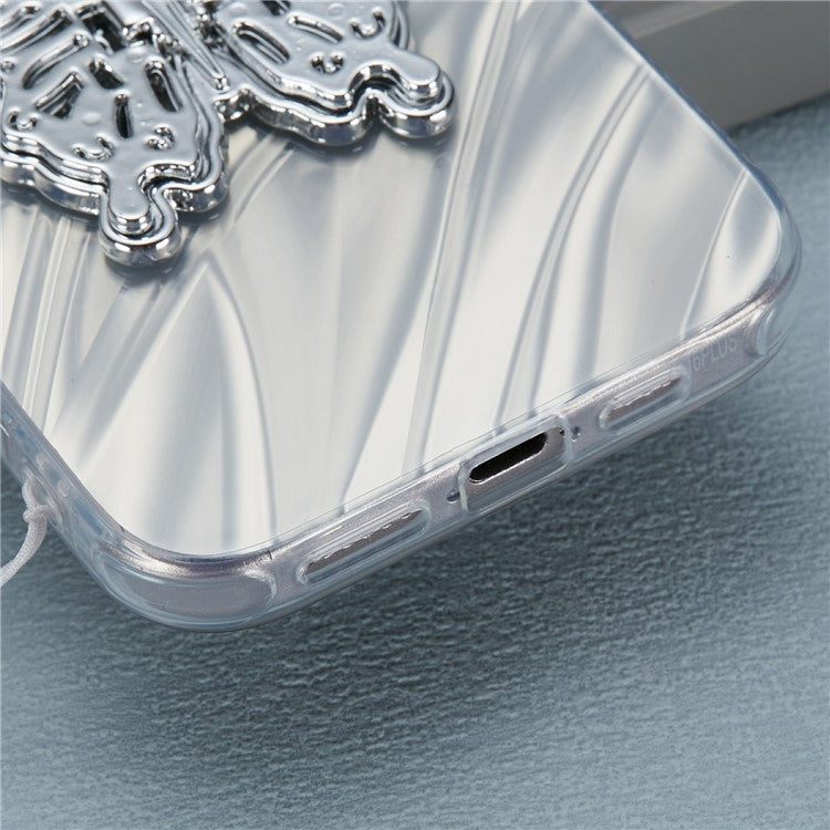 For iPhone 16 Plus Case Butterfly Kickstand PC+TPU IMD Phone Cover with Lens Film / Beaded Strap - Ripple Pattern / Silver