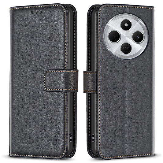 BINFEN COLOR BF17 For Xiaomi Redmi 14C 4G Case Wallet Folio Flip Leather Cover - Black
