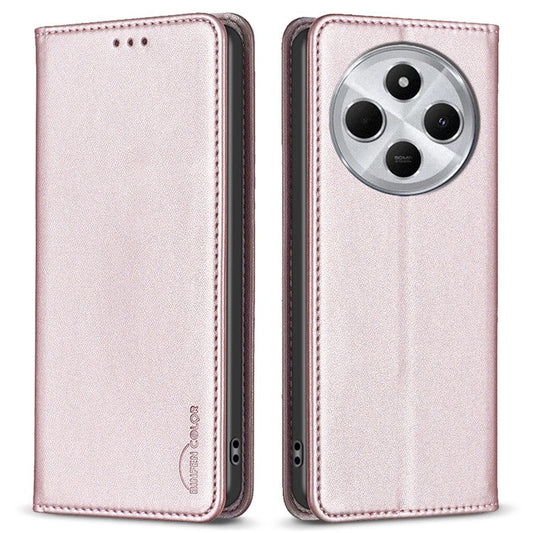 BINFEN COLOR BF18 For Xiaomi Poco C75 4G / Redmi 14R 5G / 14C 4G Case PU Leather Card Holder Phone Cover - Rose Gold