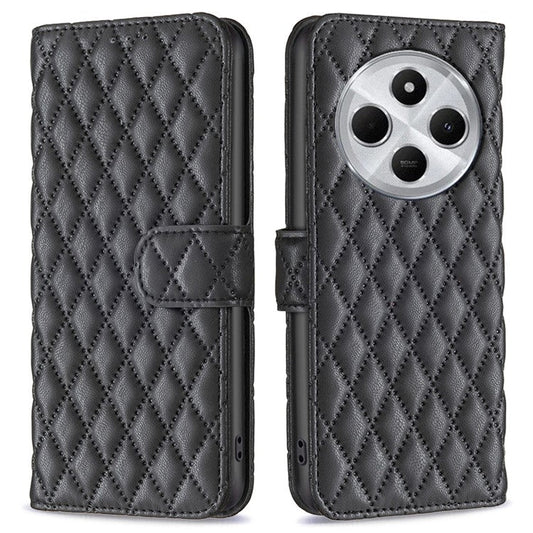 BINFEN COLOR BF Style-14 For Xiaomi Redmi 14C 4G Case Rhombus Phone Leather Cover Stand - Black