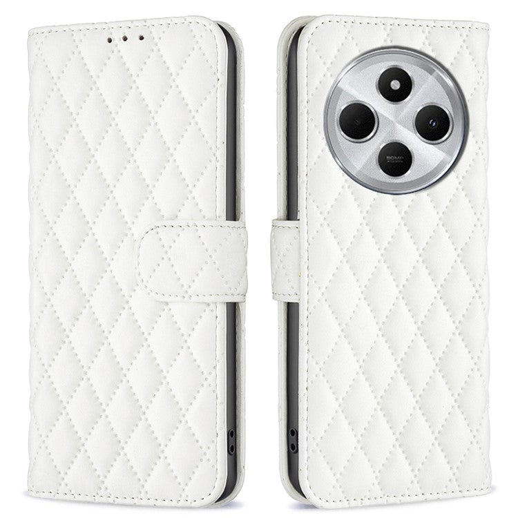 BINFEN COLOR BF Style-14 For Xiaomi Redmi 14C 4G Case Rhombus Phone Leather Cover Stand - White