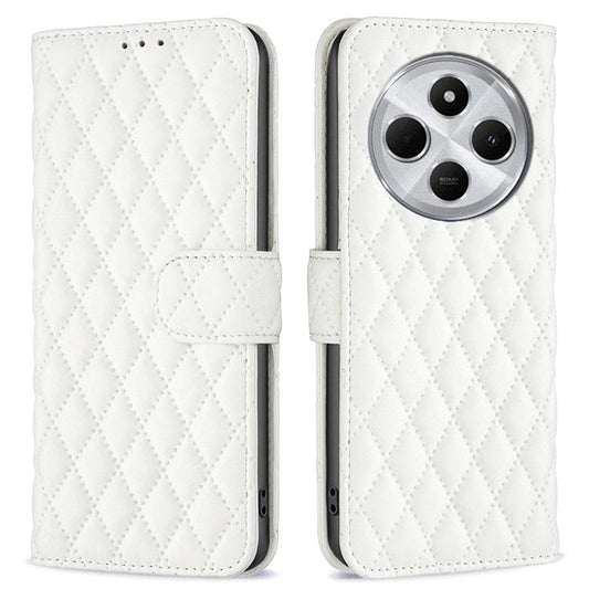 BINFEN COLOR BF Style-14 For Xiaomi Redmi 14C 4G Case Rhombus Phone Leather Cover Stand - White