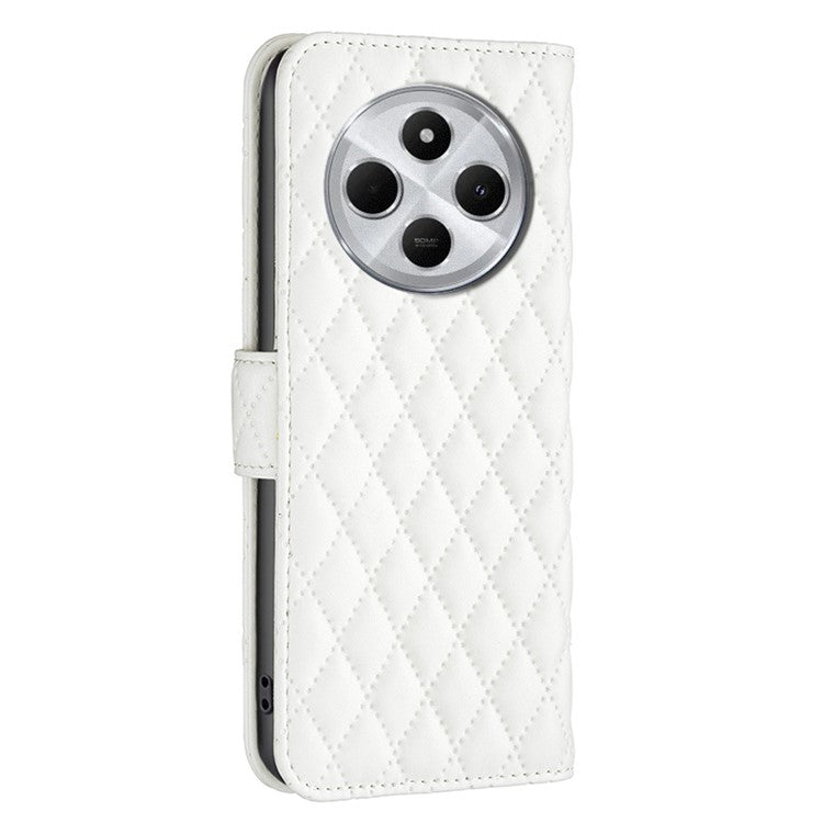 BINFEN COLOR BF Style-14 For Xiaomi Redmi 14C 4G Case Rhombus Phone Leather Cover Stand - White