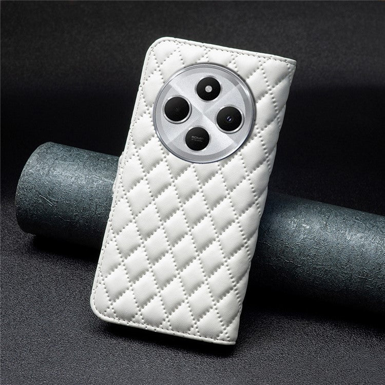 BINFEN COLOR BF Style-14 For Xiaomi Redmi 14C 4G Case Rhombus Phone Leather Cover Stand - White