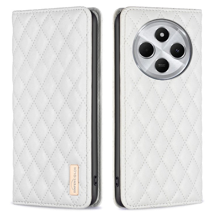 BINFEN COLOR BF Style-16 For Xiaomi Redmi 14C 4G Case Card Slots Rhombus Leather Cover - White