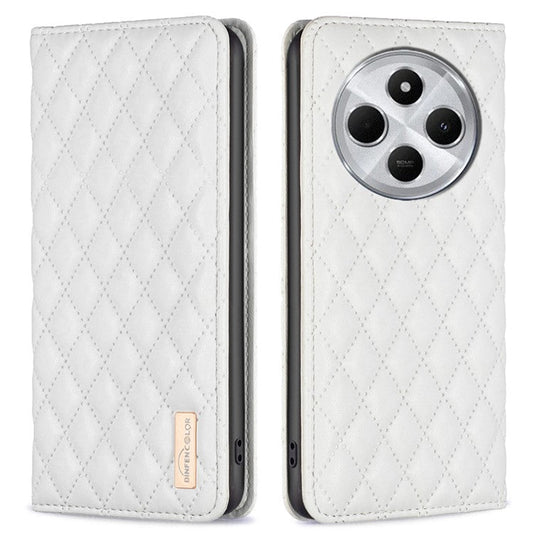 BINFEN COLOR BF Style-16 For Xiaomi Redmi 14C 4G Case Card Slots Rhombus Leather Cover - White