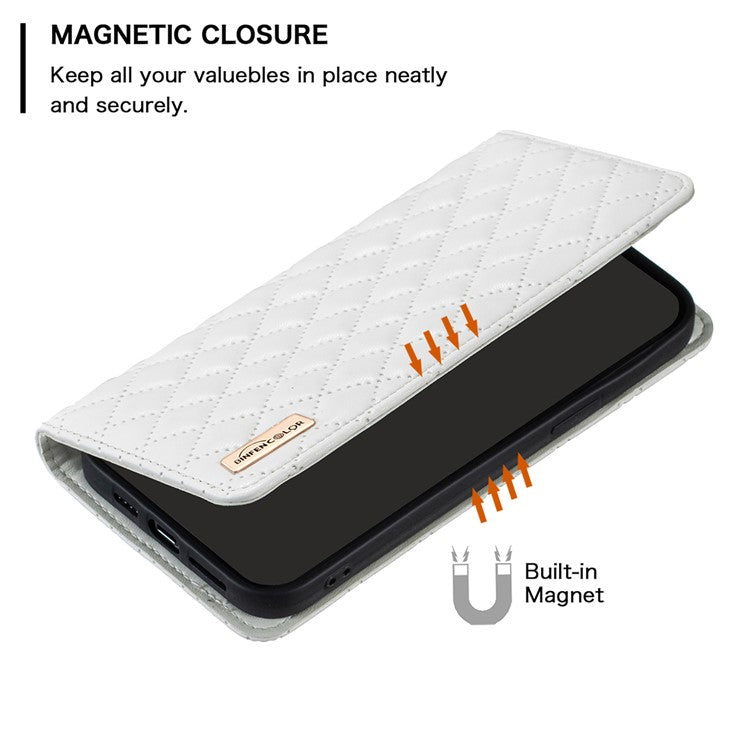 BINFEN COLOR BF Style-16 For Xiaomi Redmi 14C 4G Case Card Slots Rhombus Leather Cover - White