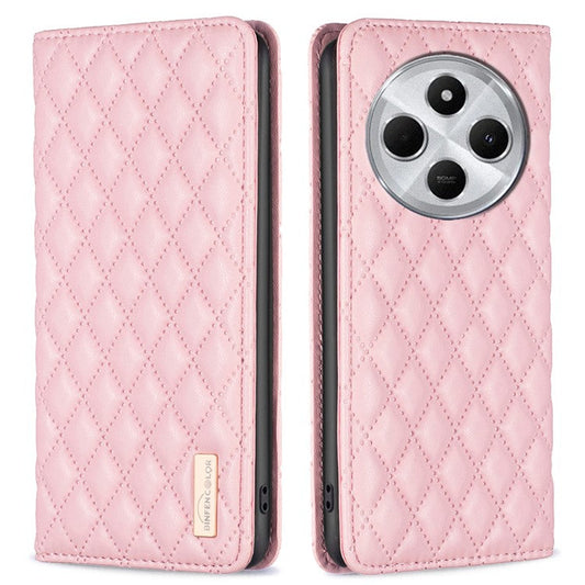 BINFEN COLOR BF Style-16 For Xiaomi Redmi 14C 4G Case Card Slots Rhombus Leather Cover - Pink