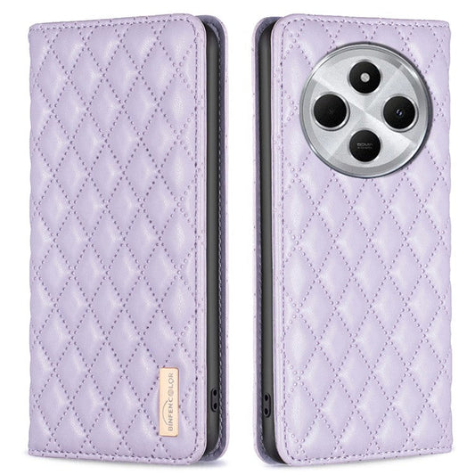 BINFEN COLOR BF Style-16 For Xiaomi Redmi 14C 4G Case Card Slots Rhombus Leather Cover - Purple