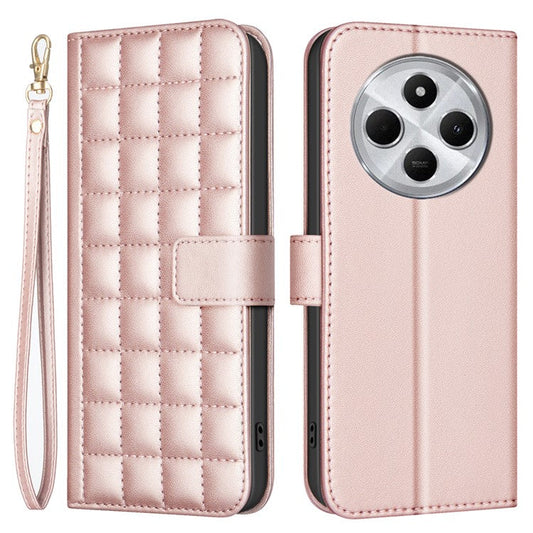 BINFEN COLOR BF34 for Xiaomi Redmi 14C 4G Leather Case Wallet Square Grid Phone Cover - Rose Gold