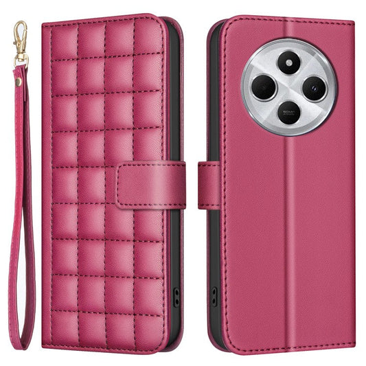 BINFEN COLOR BF34 for Xiaomi Redmi 14C 4G Leather Case Wallet Square Grid Phone Cover - Red
