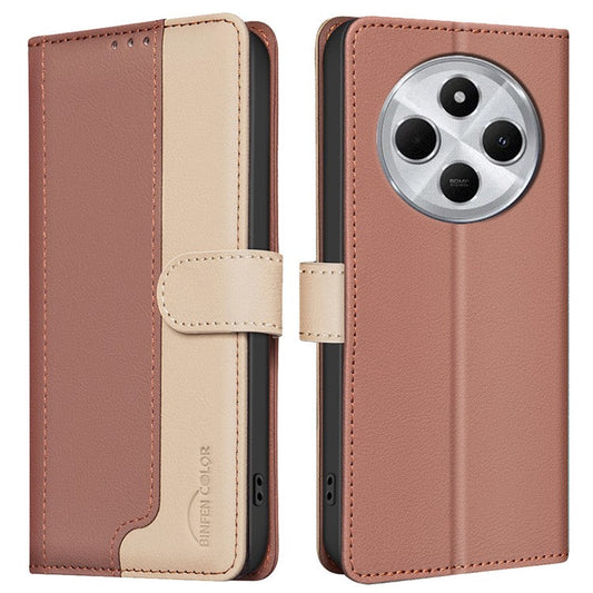 BINFEN COLOR BF33 for Xiaomi Poco C75 4G / Redmi 14R 5G / 14C 4G Leather Case Splicing Color RFID Blocking - Brown