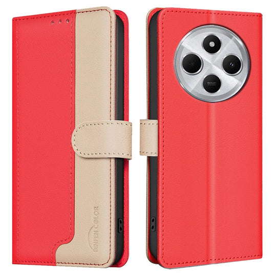 BINFEN COLOR BF33 for Xiaomi Poco C75 4G / Redmi 14R 5G / 14C 4G Leather Case Splicing Color RFID Blocking - Red