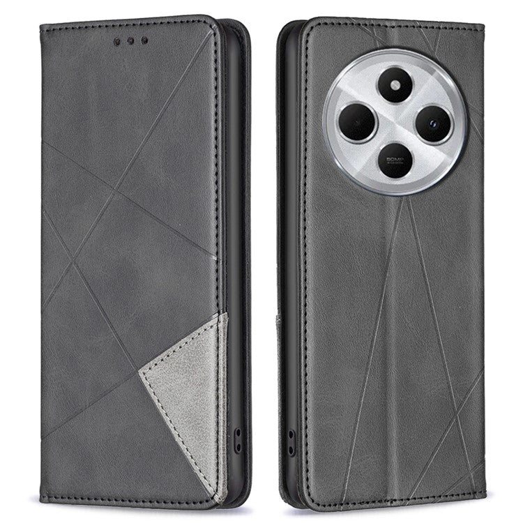 For Xiaomi Poco C75 4G / Redmi 14R 5G / 14C 4G Case Card Slots Geometry Imprint Leather Phone Cover - Black