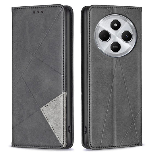 For Xiaomi Poco C75 4G / Redmi 14R 5G / 14C 4G Case Card Slots Geometry Imprint Leather Phone Cover - Black