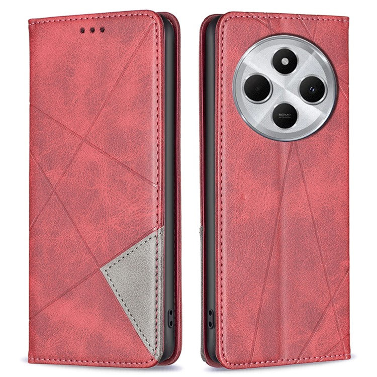 For Xiaomi Poco C75 4G / Redmi 14R 5G / 14C 4G Case Card Slots Geometry Imprint Leather Phone Cover - Red