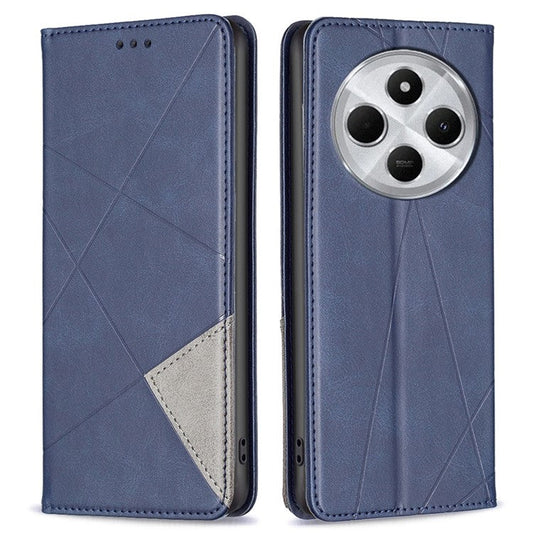 For Xiaomi Poco C75 4G / Redmi 14R 5G / 14C 4G Case Card Slots Geometry Imprint Leather Phone Cover - Blue