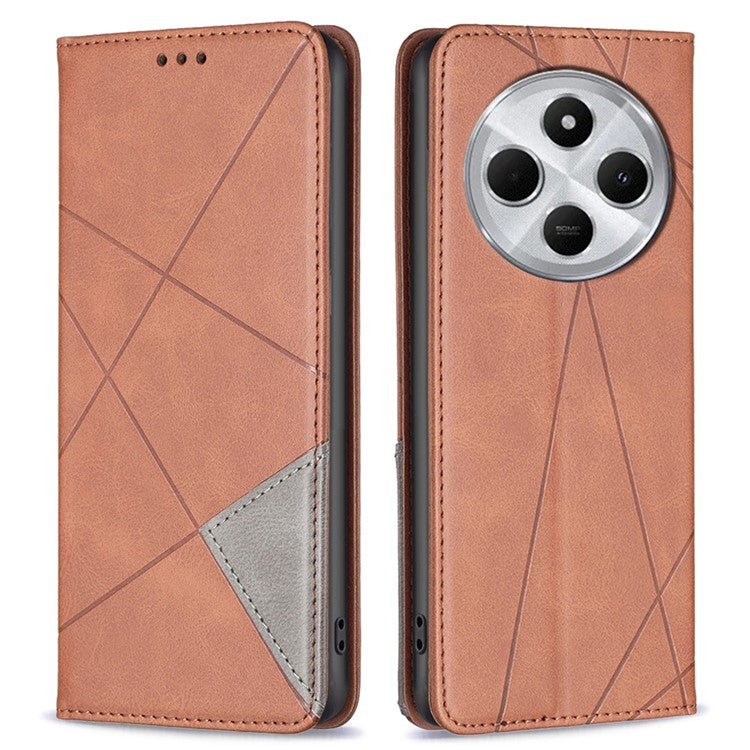 For Xiaomi Poco C75 4G / Redmi 14R 5G / 14C 4G Case Card Slots Geometry Imprint Leather Phone Cover - Brown