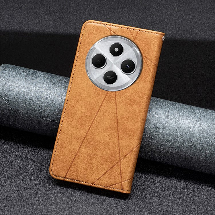 For Xiaomi Poco C75 4G / Redmi 14R 5G / 14C 4G Case Card Slots Geometry Imprint Leather Phone Cover - Yellow