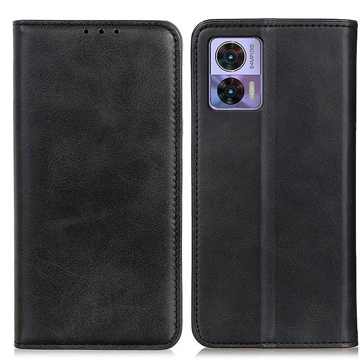 For Motorola Edge 30 Neo 5G Magnetic Auto Closing Stand Case Cowhide Texture Split Leather Phone Wallet Cover - Black