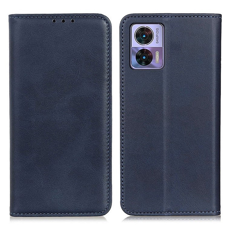 For Motorola Edge 30 Neo 5G Magnetic Auto Closing Stand Case Cowhide Texture Split Leather Phone Wallet Cover - Blue
