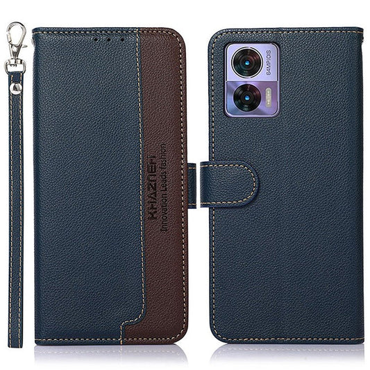 KHAZNEH For Motorola Edge 30 Neo 5G RFID Blocking Litchi Texture PU Leather Phone Case Stand Wallet Folio Flip Cover - Blue