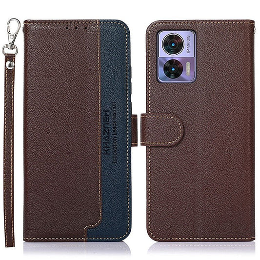 KHAZNEH For Motorola Edge 30 Neo 5G RFID Blocking Litchi Texture PU Leather Phone Case Stand Wallet Folio Flip Cover - Brown