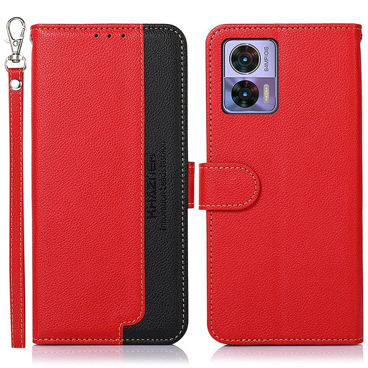 KHAZNEH For Motorola Edge 30 Neo 5G RFID Blocking Litchi Texture PU Leather Phone Case Stand Wallet Folio Flip Cover - Red